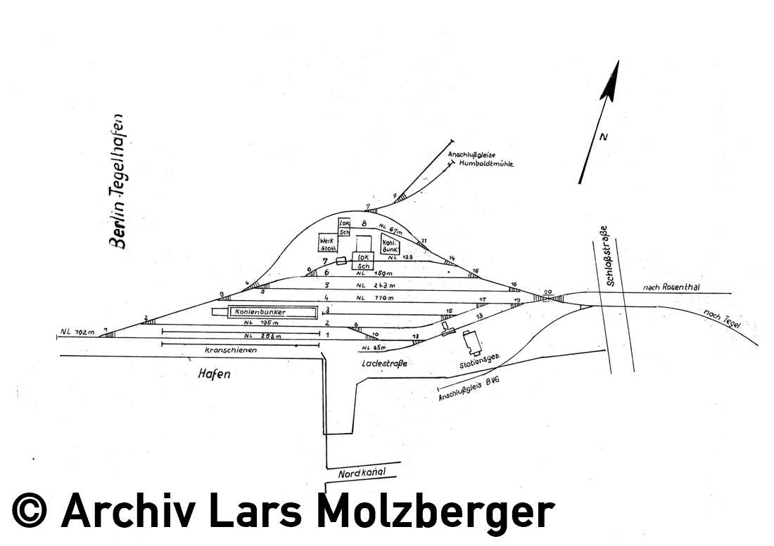 Gleisplan Tegel Hafen 1962. Die Anlage präsentiert sich noch weitgehend im Ursprungszustand. Plan Archiv Lars Molzberger