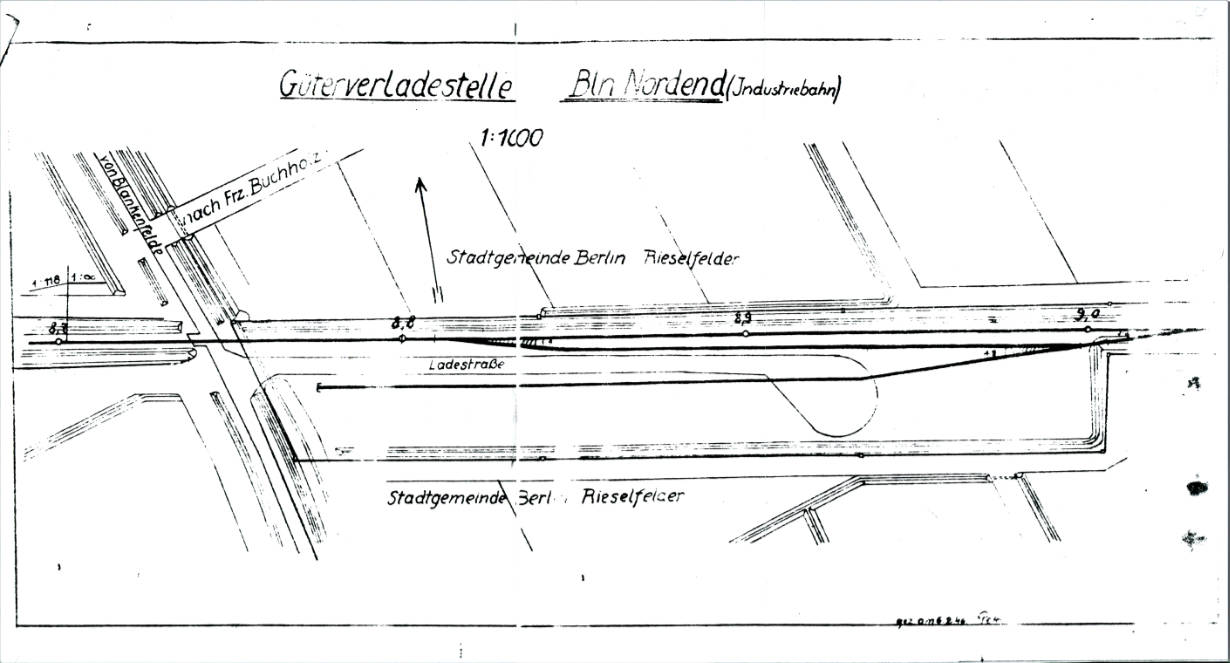 Güterladestelle Nordend am 6. Februar 1946 mit dem Anschlussgleis für den Bunkerbau. Sammlung Lutz Schlüter.